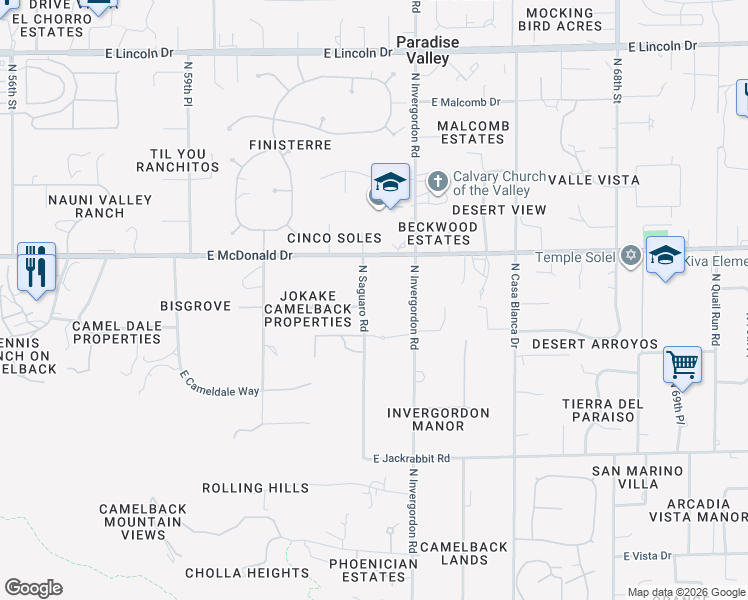 map of restaurants, bars, coffee shops, grocery stores, and more near 5815 North Saguaro Road in Paradise Valley