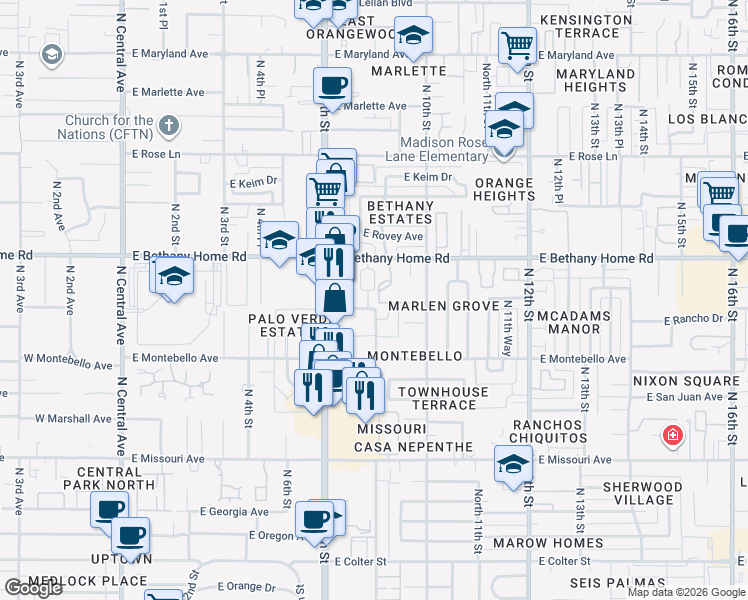 map of restaurants, bars, coffee shops, grocery stores, and more near 5802 North 8th Place in Phoenix