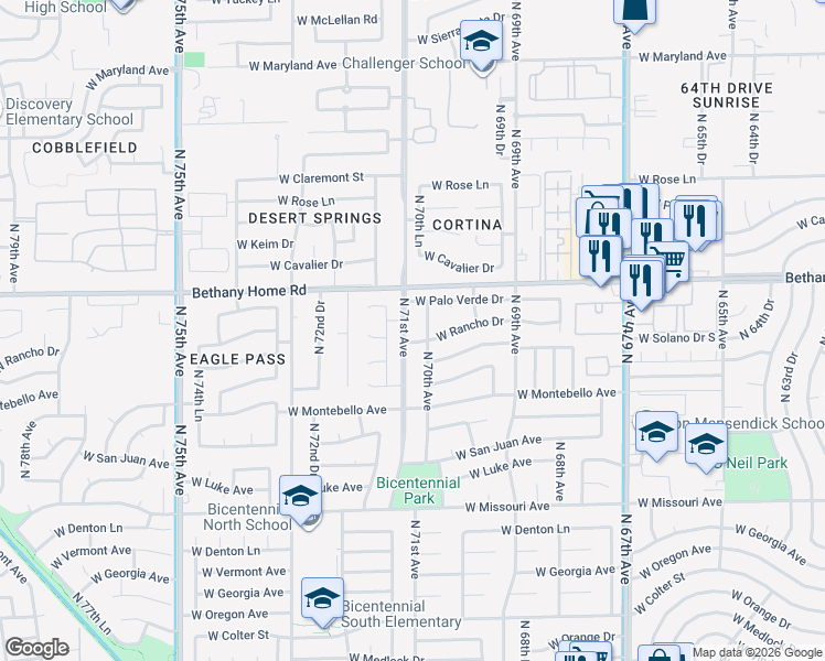 map of restaurants, bars, coffee shops, grocery stores, and more near 5765 North 71st Drive in Glendale