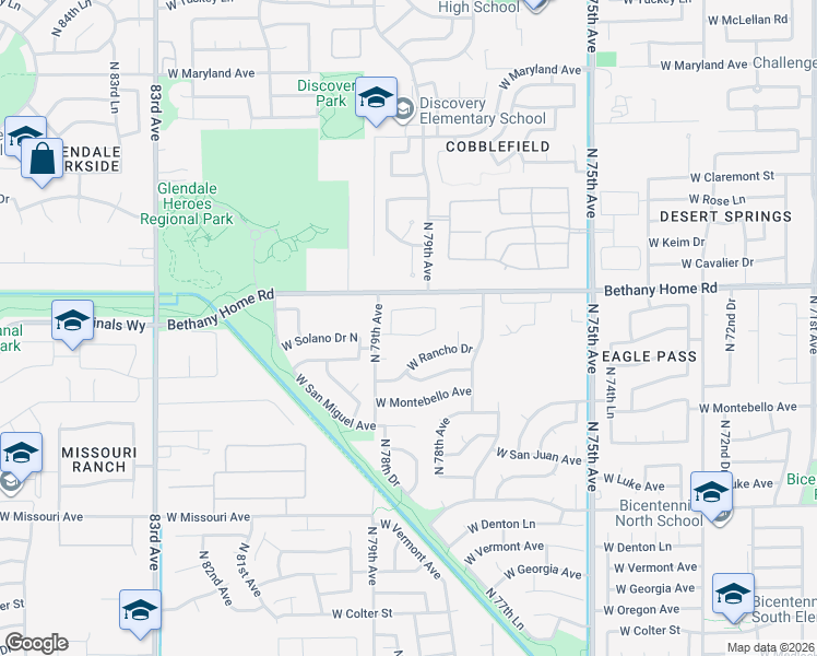 map of restaurants, bars, coffee shops, grocery stores, and more near 7811 West Solano Drive in Glendale
