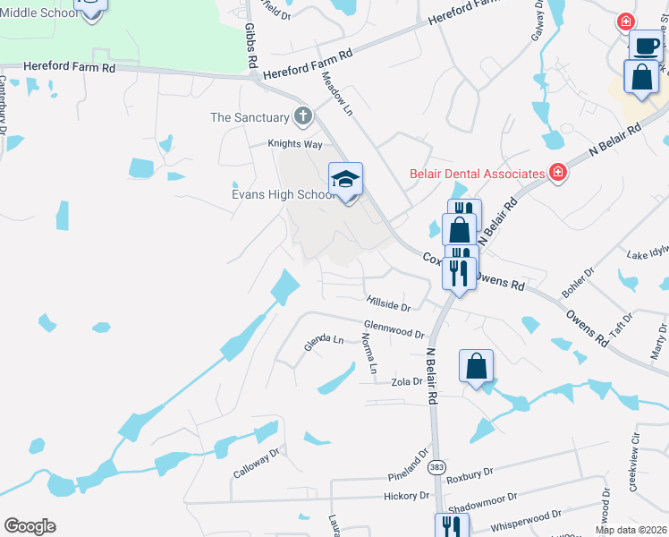 map of restaurants, bars, coffee shops, grocery stores, and more near 223 Dry Creek Road in Evans
