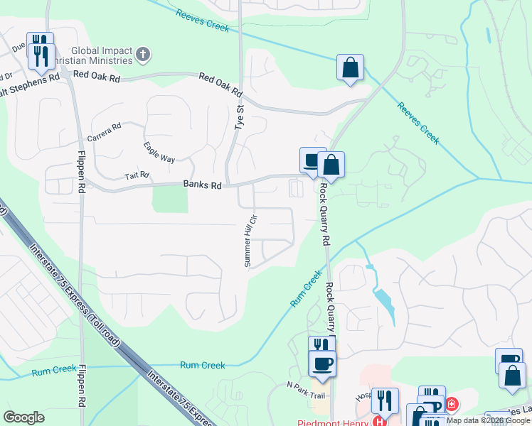 map of restaurants, bars, coffee shops, grocery stores, and more near 824 Lorraine Lane in Stockbridge