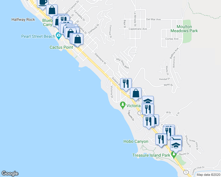 map of restaurants, bars, coffee shops, grocery stores, and more near 2629 Victoria Drive in Laguna Beach