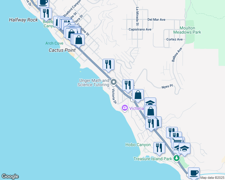 map of restaurants, bars, coffee shops, grocery stores, and more near 2629 Victoria Drive in Laguna Beach