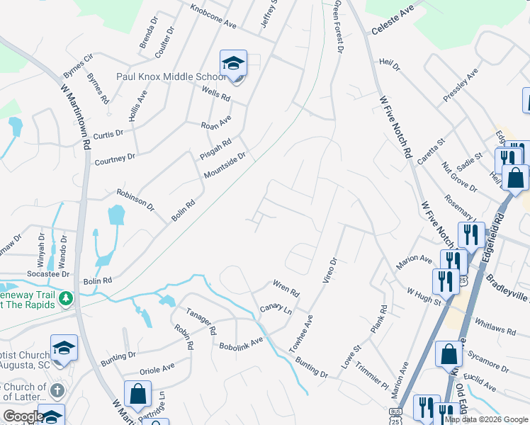 map of restaurants, bars, coffee shops, grocery stores, and more near 121 Cascade Drive in North Augusta