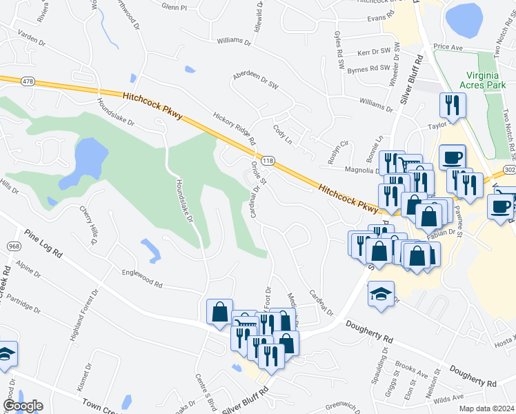 map of restaurants, bars, coffee shops, grocery stores, and more near 709 Cardinal Court in Aiken