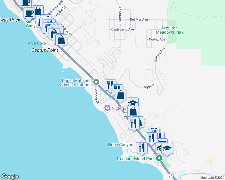 map of restaurants, bars, coffee shops, grocery stores, and more near 2760 Highland Way in Laguna Beach