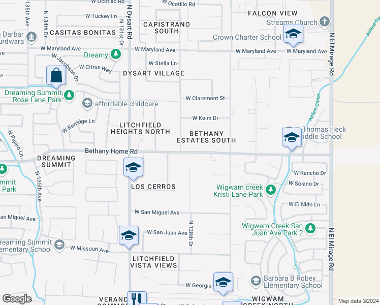 map of restaurants, bars, coffee shops, grocery stores, and more near 20023 West Bethany Home Road in Litchfield Park