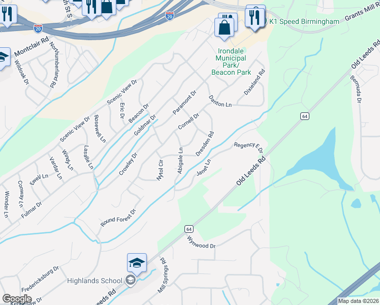 map of restaurants, bars, coffee shops, grocery stores, and more near 5235 Dresden Road in Irondale
