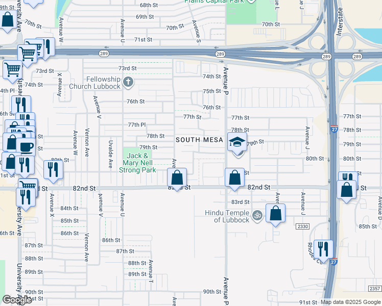 map of restaurants, bars, coffee shops, grocery stores, and more near 1805 79th Place in Lubbock