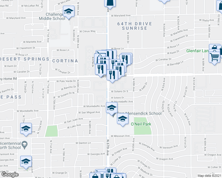 map of restaurants, bars, coffee shops, grocery stores, and more near 5801 North 67th Avenue in Glendale