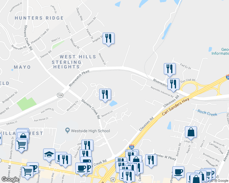 map of restaurants, bars, coffee shops, grocery stores, and more near 2416 Ridgecrest Drive in Augusta
