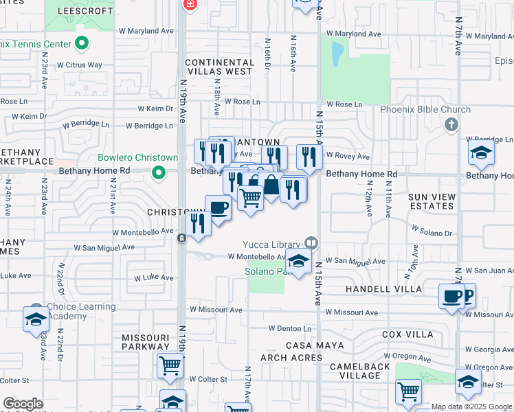 map of restaurants, bars, coffee shops, grocery stores, and more near 1644 West Montebello Avenue in Phoenix
