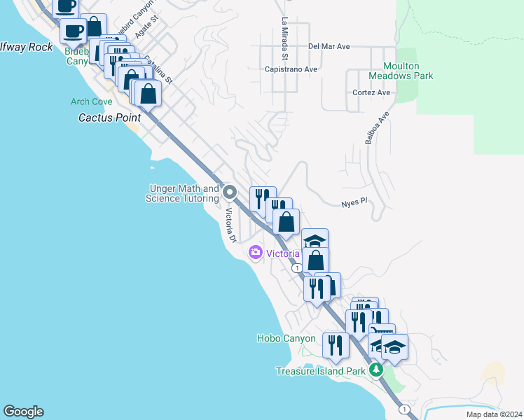 map of restaurants, bars, coffee shops, grocery stores, and more near Highland Road in Laguna Beach