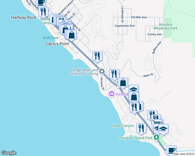 map of restaurants, bars, coffee shops, grocery stores, and more near 6 Rockledge Road in Laguna Beach