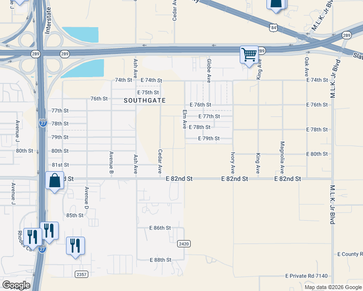 map of restaurants, bars, coffee shops, grocery stores, and more near 7602 Elm Ave in Lubbock