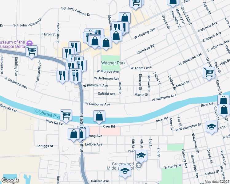 map of restaurants, bars, coffee shops, grocery stores, and more near 1111 Saffold Avenue in Greenwood