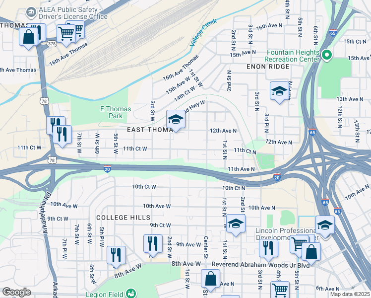 map of restaurants, bars, coffee shops, grocery stores, and more near 116 11th Court West in Birmingham
