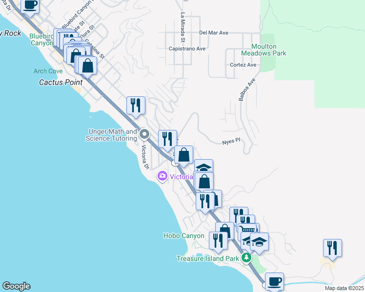 map of restaurants, bars, coffee shops, grocery stores, and more near 2808 Rounsevel Terrace in Laguna Beach