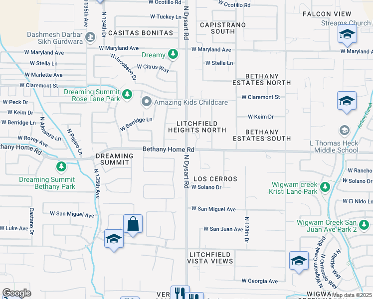 map of restaurants, bars, coffee shops, grocery stores, and more near N Dysart Rd & Bethany Home Rd in Litchfield Park