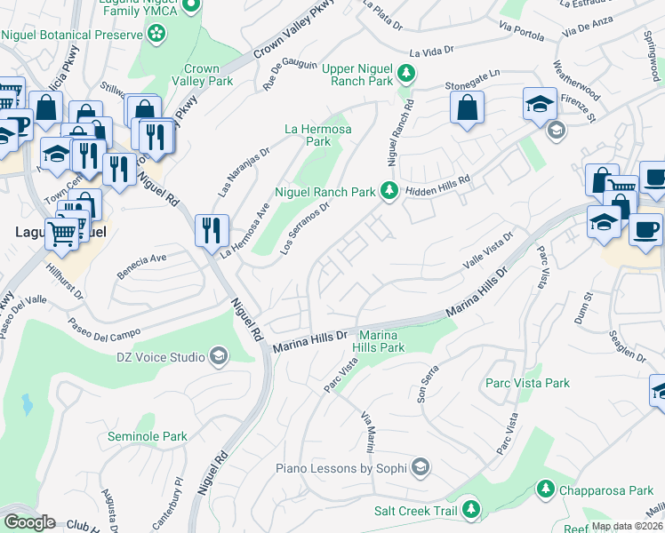 map of restaurants, bars, coffee shops, grocery stores, and more near 24782 Sutton Lane in Laguna Niguel