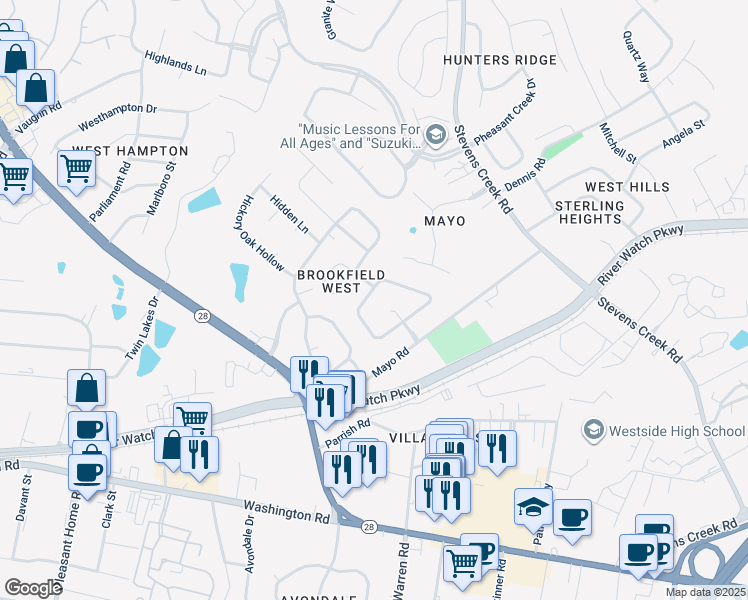 map of restaurants, bars, coffee shops, grocery stores, and more near 2001 Markwood Place in Augusta