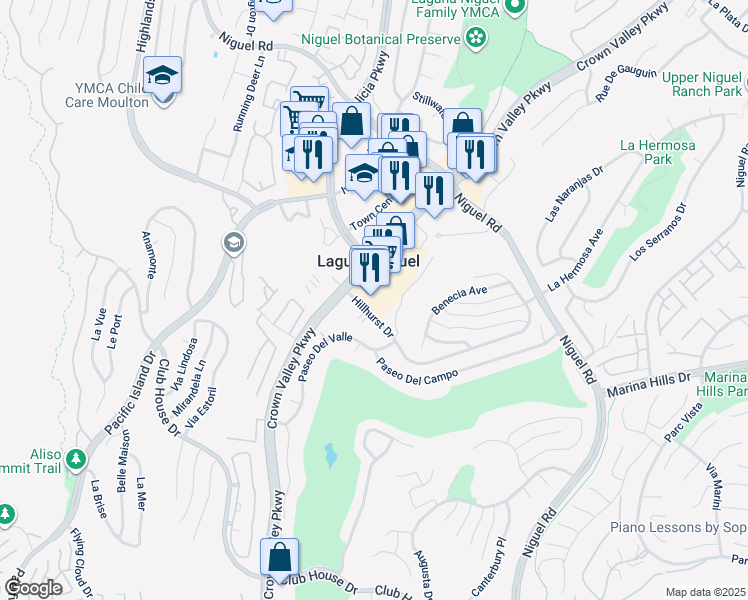 map of restaurants, bars, coffee shops, grocery stores, and more near 30262 Crown Valley Parkway in Laguna Niguel