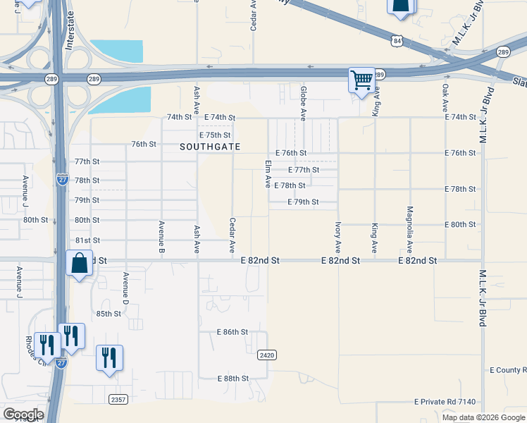 map of restaurants, bars, coffee shops, grocery stores, and more near 7602 Elm Ave in Lubbock