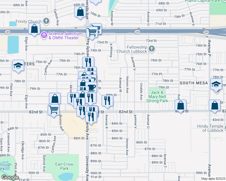 map of restaurants, bars, coffee shops, grocery stores, and more near 2308 80th Street in Lubbock