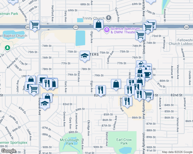map of restaurants, bars, coffee shops, grocery stores, and more near 2740 80th Street in Lubbock