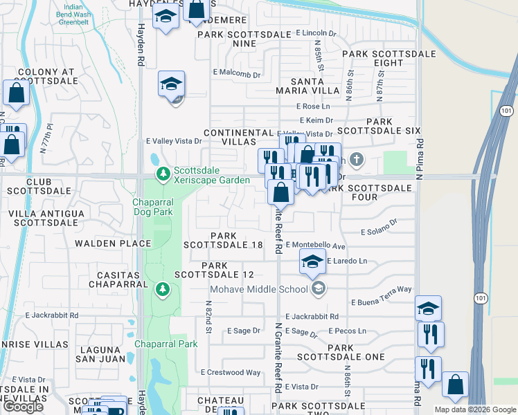 map of restaurants, bars, coffee shops, grocery stores, and more near 5871 North 83rd Street in Scottsdale