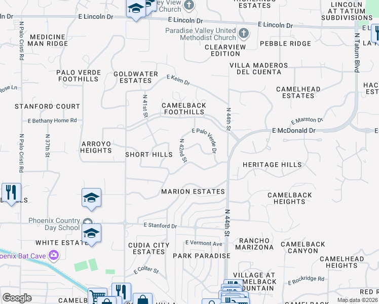 map of restaurants, bars, coffee shops, grocery stores, and more near 5825 North 42nd Street in Phoenix