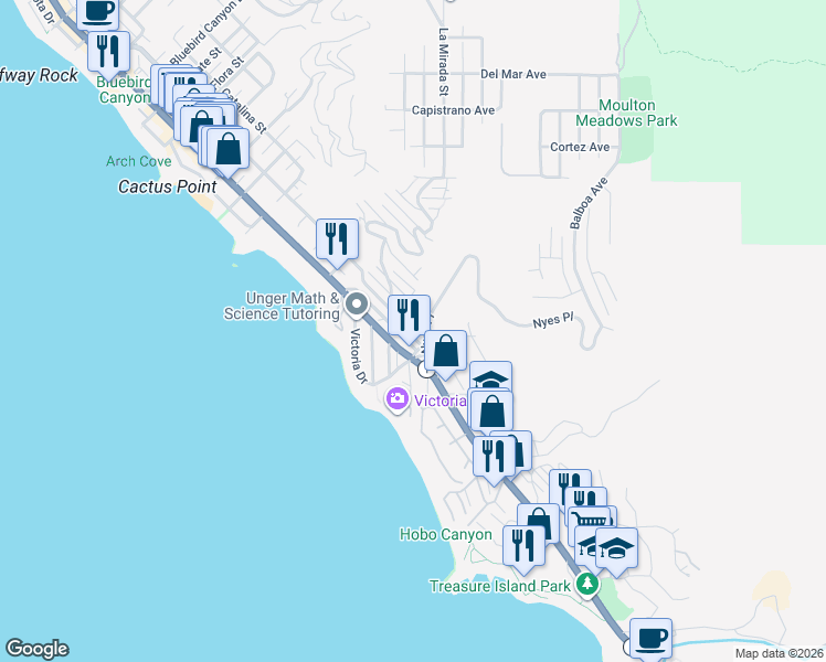 map of restaurants, bars, coffee shops, grocery stores, and more near 2770 Highland Way in Laguna Beach