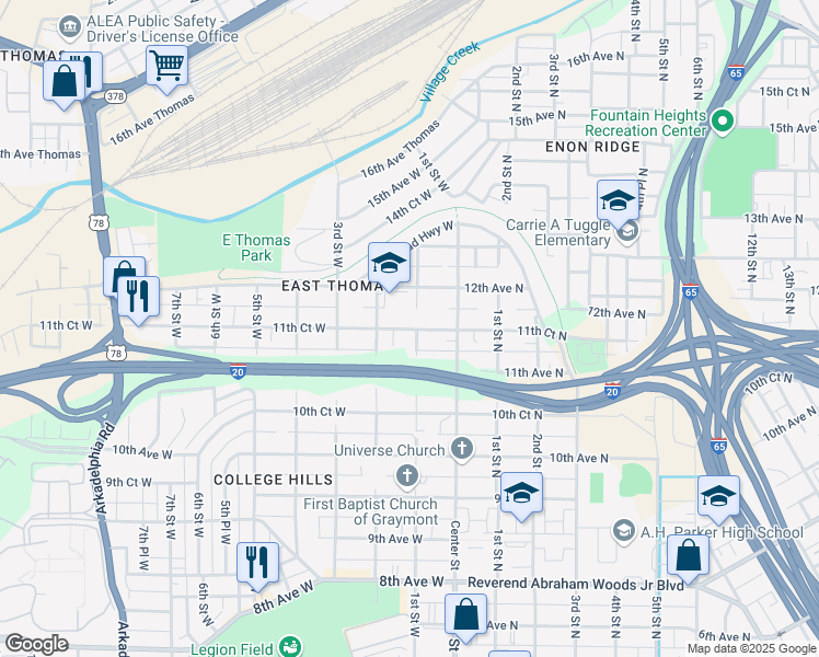 map of restaurants, bars, coffee shops, grocery stores, and more near 103 11th Court West in Birmingham