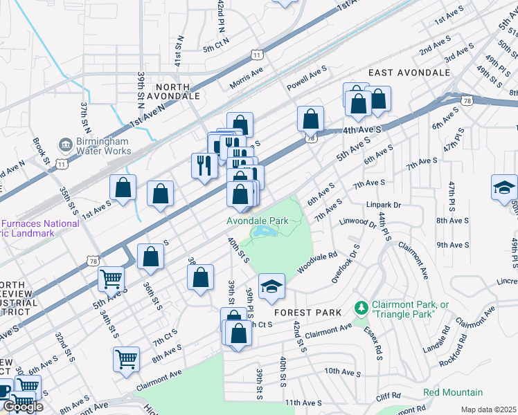 map of restaurants, bars, coffee shops, grocery stores, and more near 4110 5th Avenue South in Birmingham