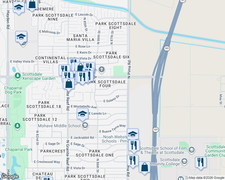 map of restaurants, bars, coffee shops, grocery stores, and more near 8668 East Starlight Way in Scottsdale