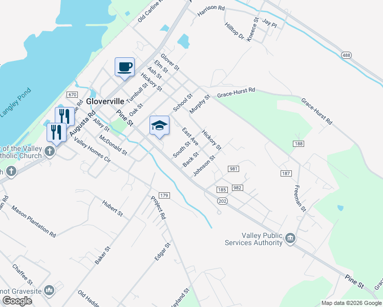 map of restaurants, bars, coffee shops, grocery stores, and more near 111 Back Street in Gloverville