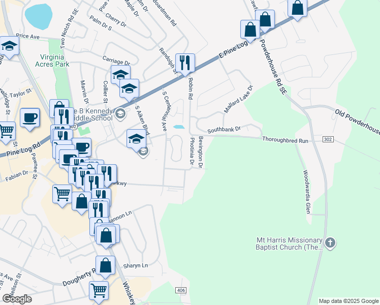 map of restaurants, bars, coffee shops, grocery stores, and more near 141 Photinia Drive in Aiken