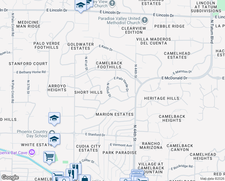 map of restaurants, bars, coffee shops, grocery stores, and more near 5825 North 42nd Street in Phoenix