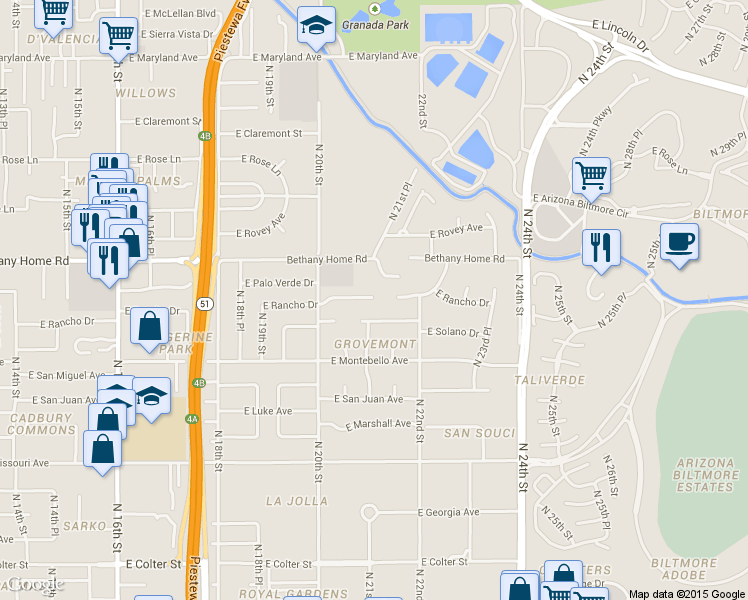 map of restaurants, bars, coffee shops, grocery stores, and more near 2045 East Rancho Drive in Phoenix