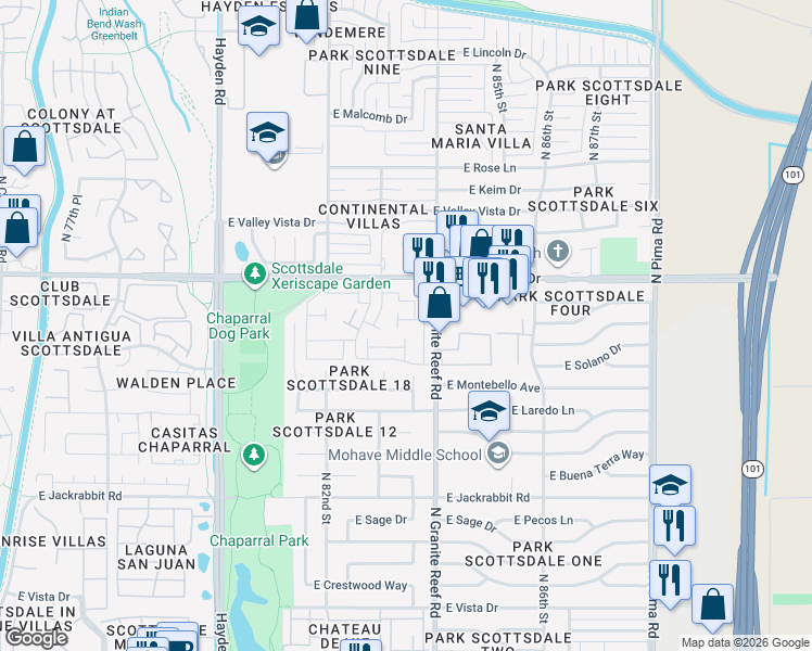 map of restaurants, bars, coffee shops, grocery stores, and more near 5871 North 83rd Street in Scottsdale