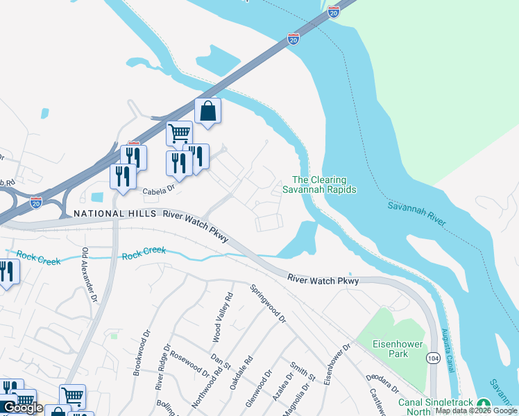 map of restaurants, bars, coffee shops, grocery stores, and more near 205 River Place in Augusta