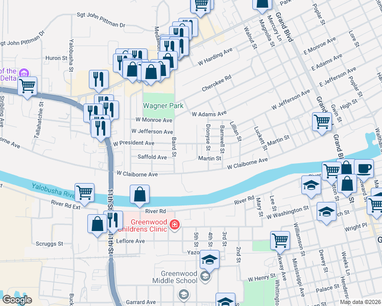 map of restaurants, bars, coffee shops, grocery stores, and more near 212-228 Greenfield Drive in Greenwood