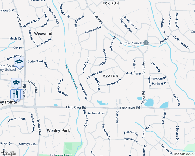 map of restaurants, bars, coffee shops, grocery stores, and more near 8544 Plumtree Drive in Riverdale