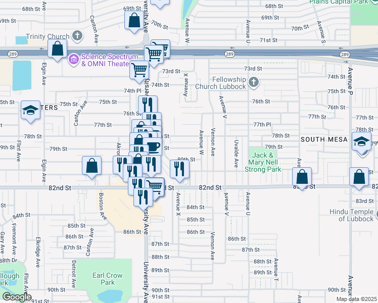 map of restaurants, bars, coffee shops, grocery stores, and more near 2308 80th Street in Lubbock