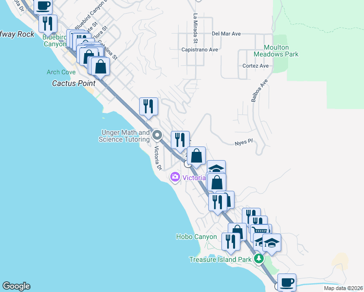 map of restaurants, bars, coffee shops, grocery stores, and more near 2770 Highland Way in Laguna Beach