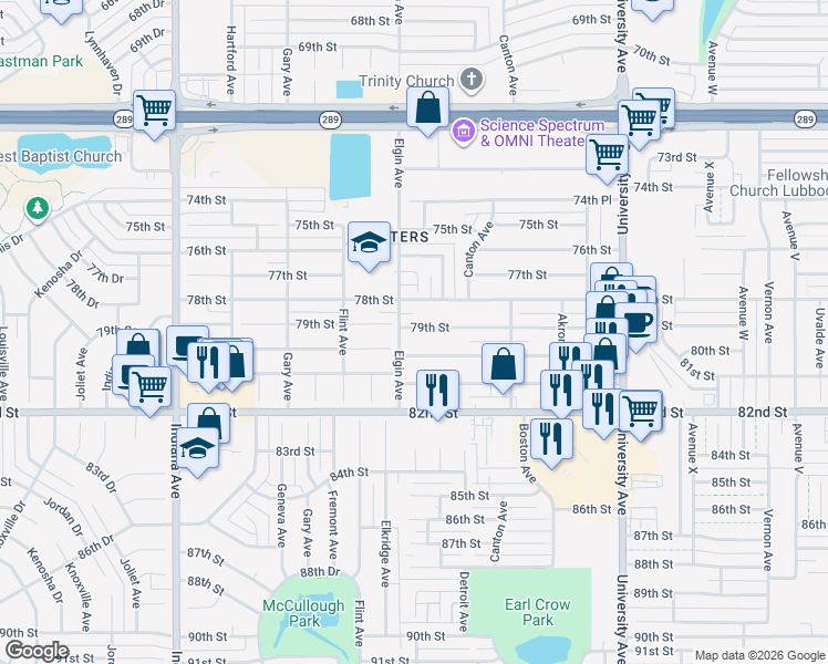 map of restaurants, bars, coffee shops, grocery stores, and more near 2740 80th Street in Lubbock