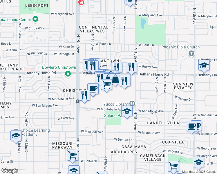map of restaurants, bars, coffee shops, grocery stores, and more near 1644 West Montebello Avenue in Phoenix