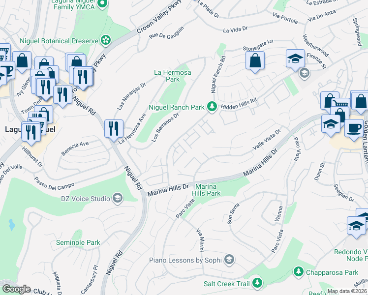 map of restaurants, bars, coffee shops, grocery stores, and more near 24676 Sutton Lane in Laguna Niguel