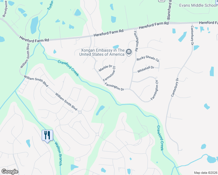 map of restaurants, bars, coffee shops, grocery stores, and more near 323 Farmington Drive in Evans